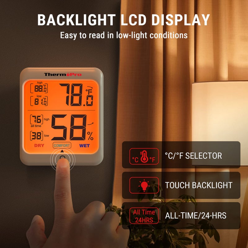 ThermoPro TP53 2 Pack Digital Hygrometer Indoor Thermometer for Home, Temperature Humidity Sensor with Comfort Indicator & Max Min Records, Room Thermometer Humidity Meter with Backlight Display - Image 4
